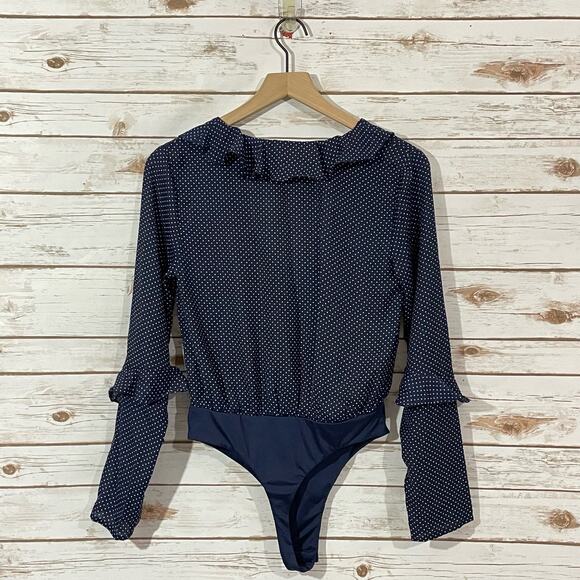 NUDE Polka Dot Ruffle Long Sleeve Thong Bodysuit - Blue - Small - Picture 15 of 15
